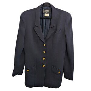 CHANEL Vintage Navy Blue Wool Jacket Spring 1996 96P Women FR44 RARE